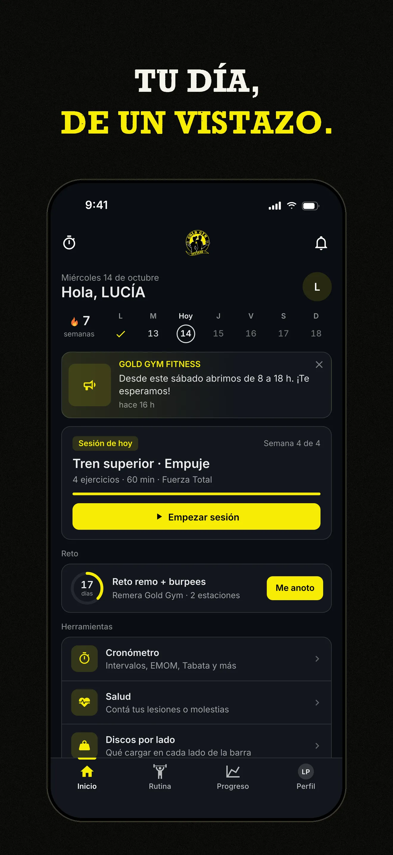 Tu día, de un vistazo: el inicio de la app con la sesión del día